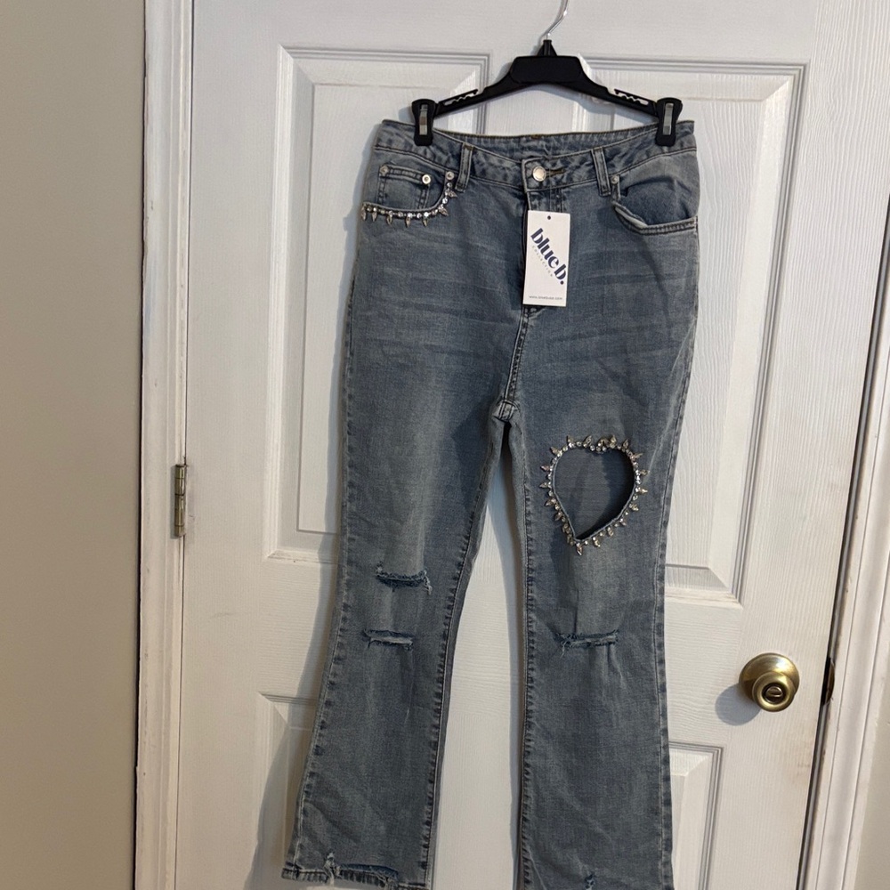 Blue b. Heart Cutout Jeans Rhinestone Embellishment NWT Medium